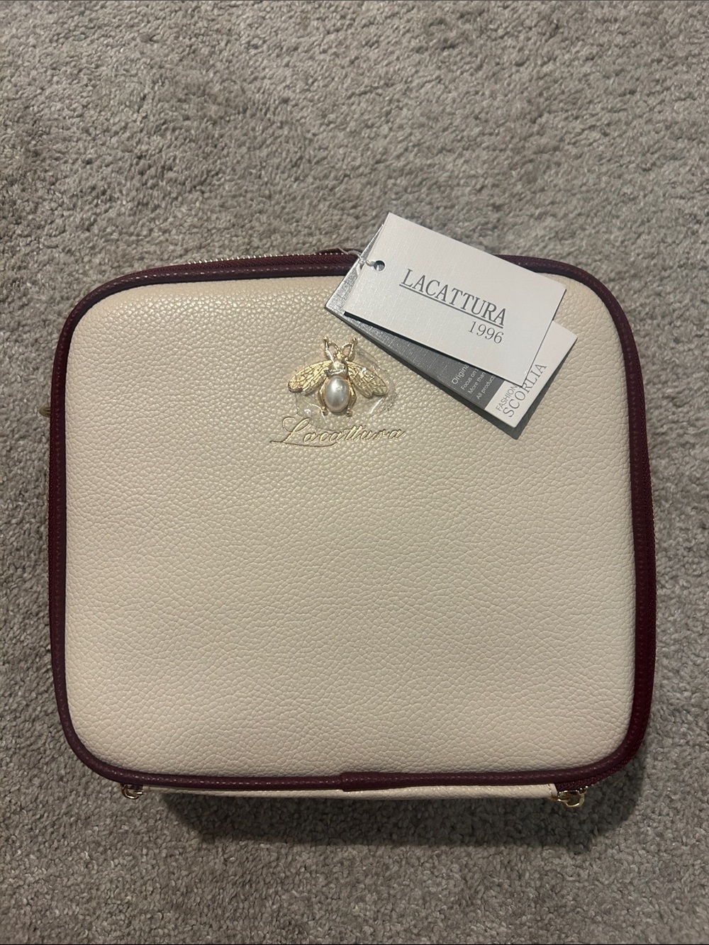 Lacattura Cream Square Makeup Bag with Burgundy Trim